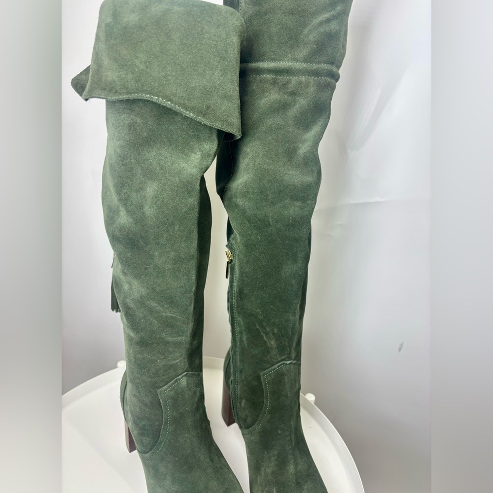 Karl Lagerfeld Razo Over the Knee Tie Suede Block Heeled Boots Green 10 - Picture 3 of 6